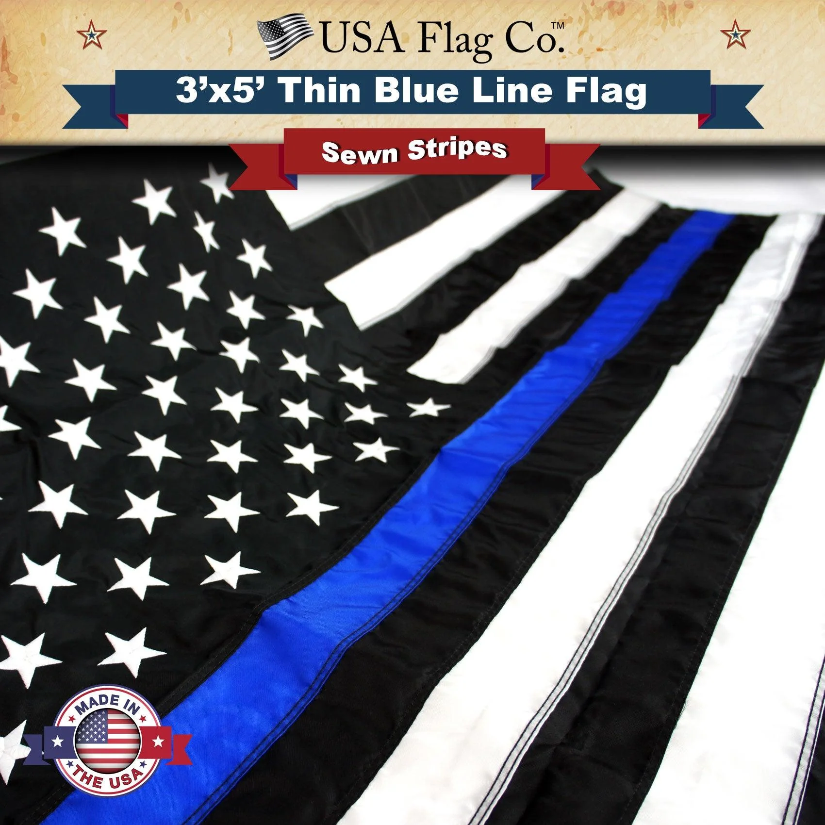 Thin Blue Line American Flag (3x5 foot) Embroidered Stars & Sewn Stripes - Image 4