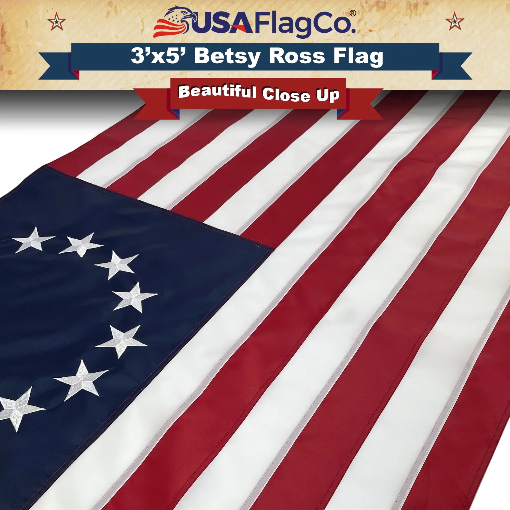 Traditional Betsy Ross Flag (3x5 foot) Embroidered Stars & Sewn Stripes - Image 3