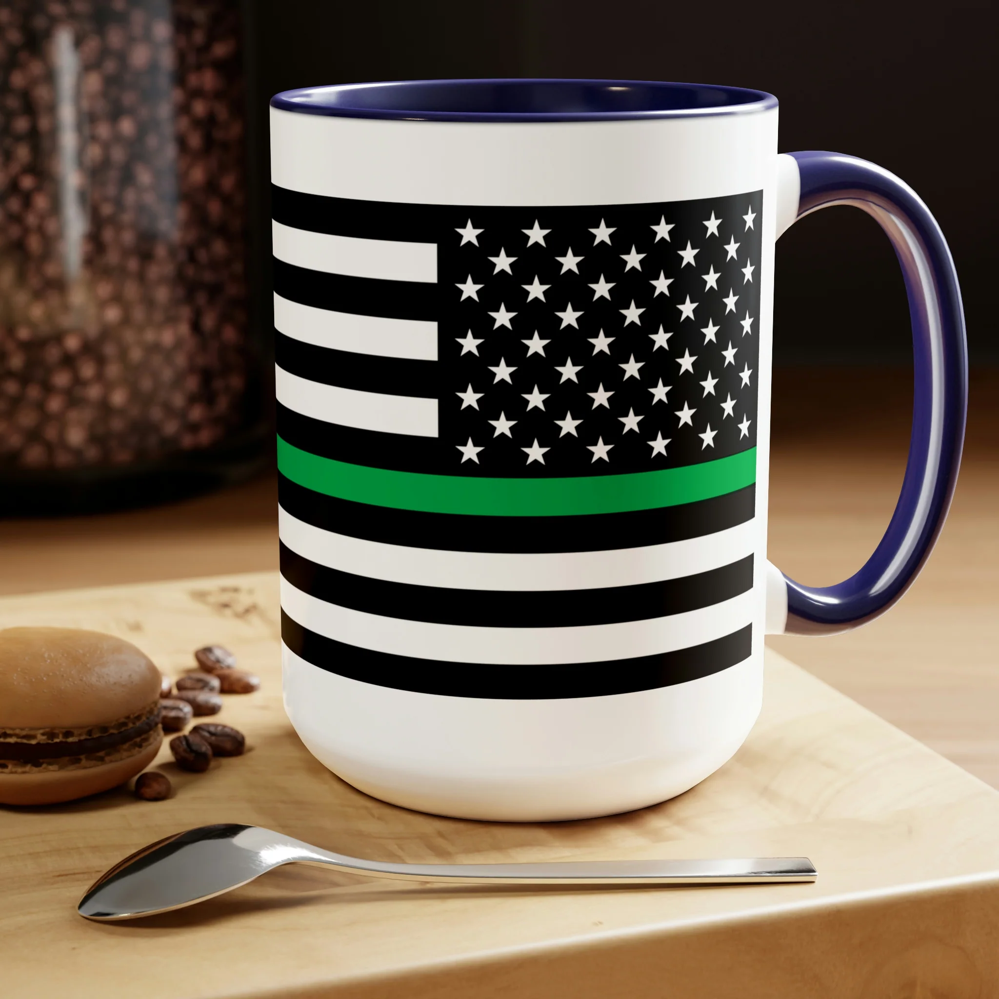 Two-Tone Thin Green Line Flag Coffee Mugs, 15oz - Image 14