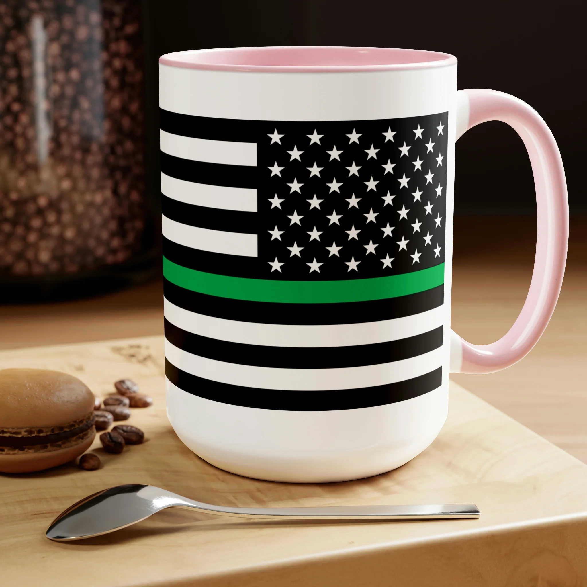 Two-Tone Thin Green Line Flag Coffee Mugs, 15oz - Image 19