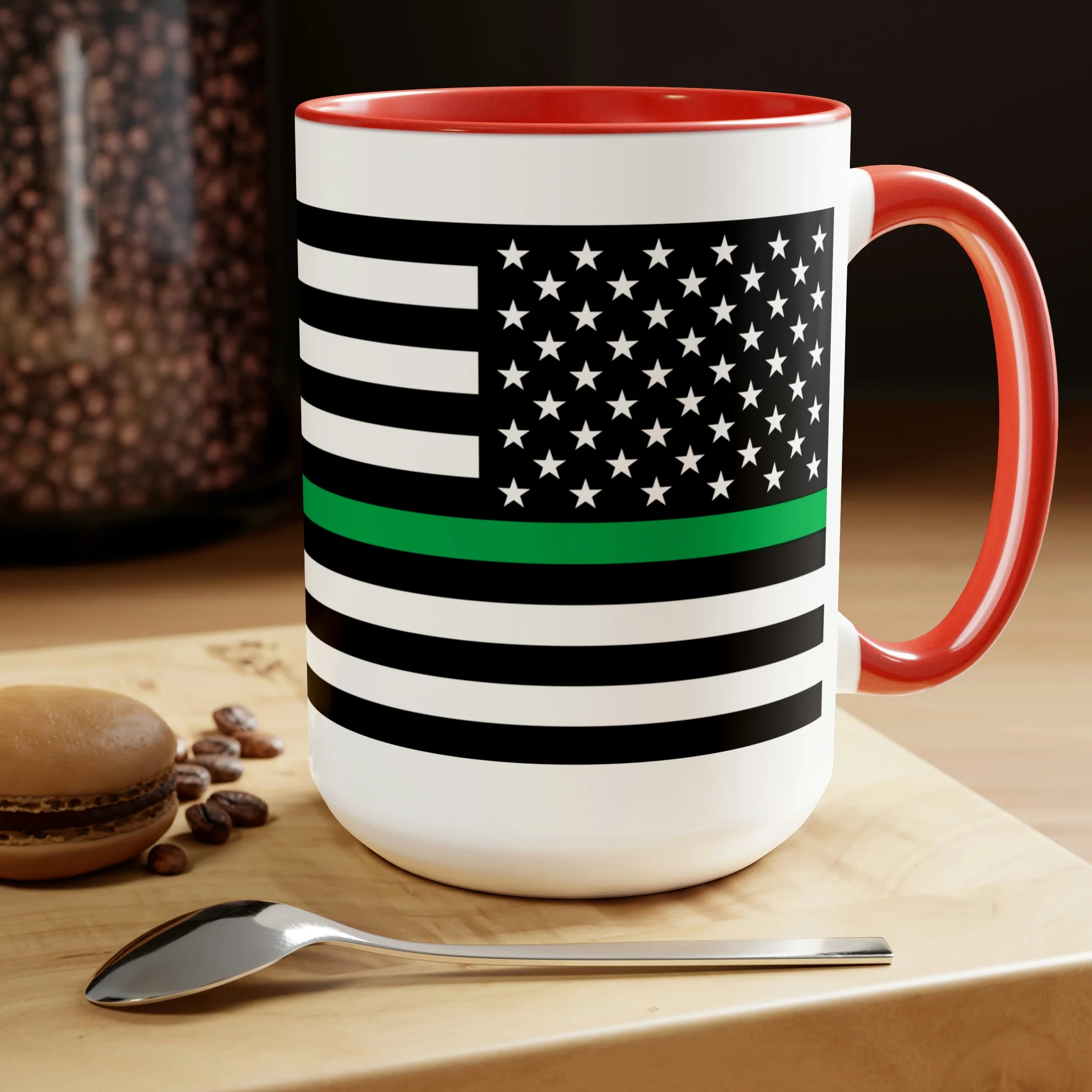 Two-Tone Thin Green Line Flag Coffee Mugs, 15oz - Image 24