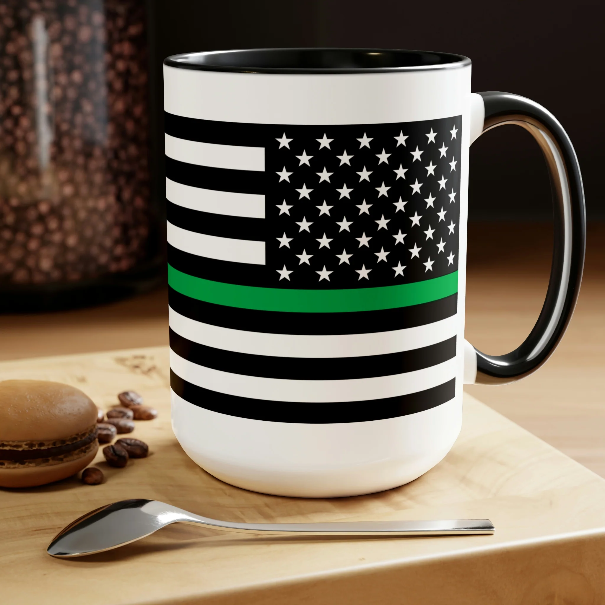 Two-Tone Thin Green Line Flag Coffee Mugs, 15oz - Image 4