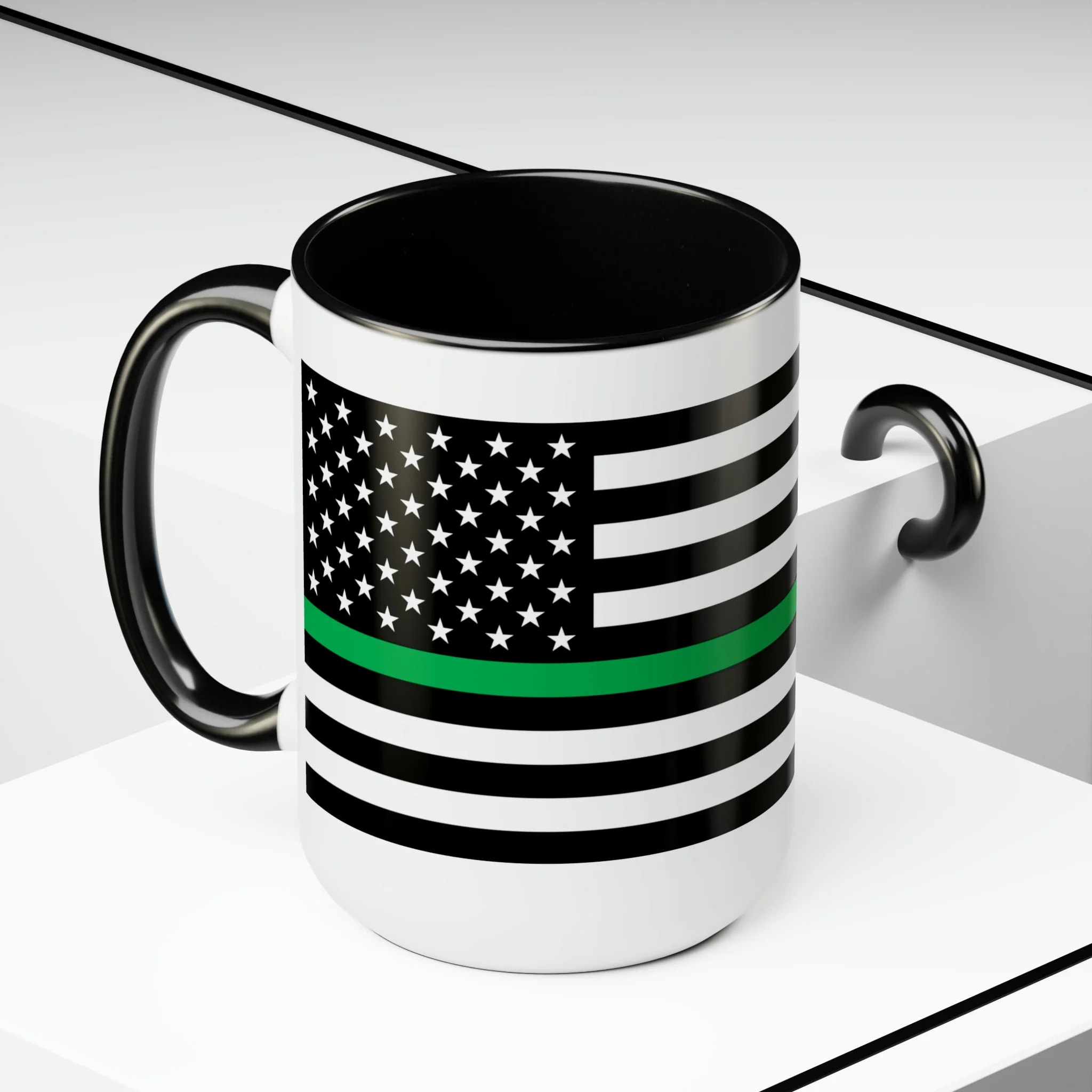 Two-Tone Thin Green Line Flag Coffee Mugs, 15oz - Image 5