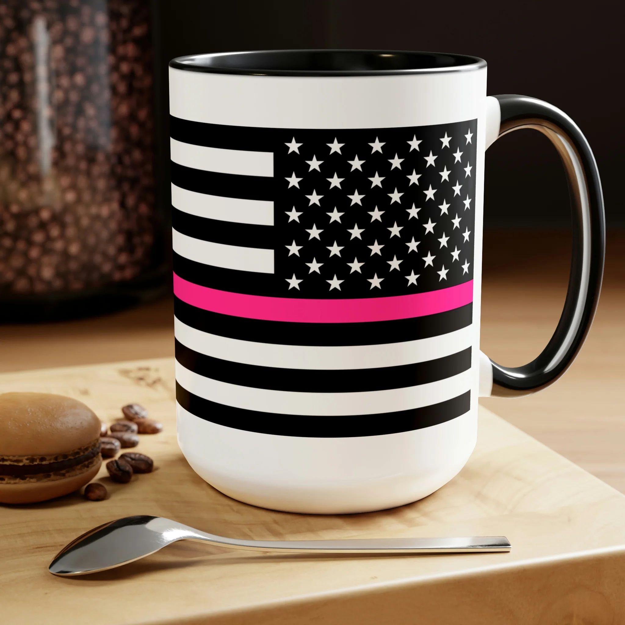 Two-Tone Thin Pink Line Flag Coffee Mugs, 15oz - Image 4